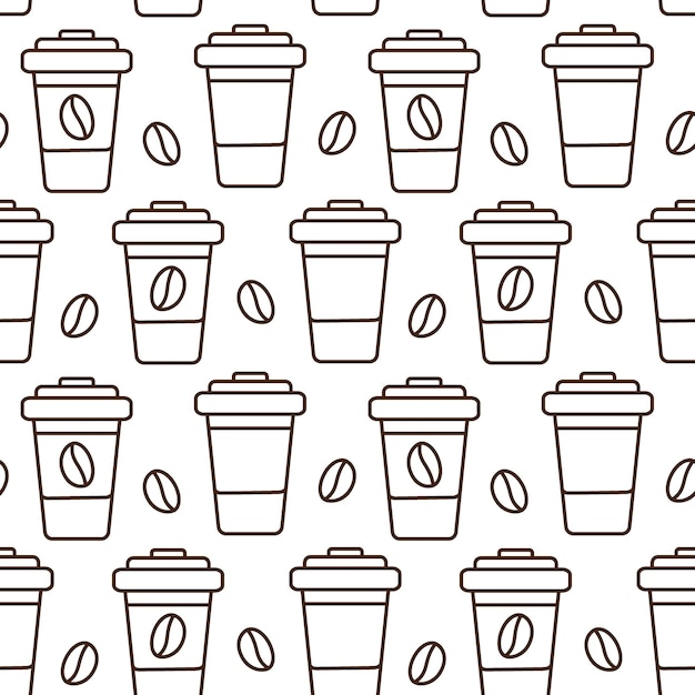 Contorno de tazas de café desechables con granos de café con patrón sin costuras en el concepto minimalista marrón de moda