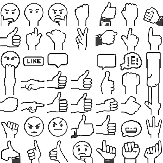 Contorno Todos los emojis de mano pegatinas en todos los colores de la piel Emoticones de mano conjuntos de símbolos de ilustración vectorial