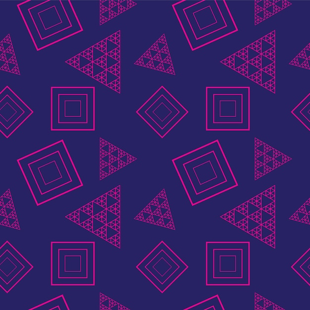 Contorno Triángulo y forma cuadrada Adorno Plantilla de diseño de patrón sin costuras Tema de color púrpura azul y rosa