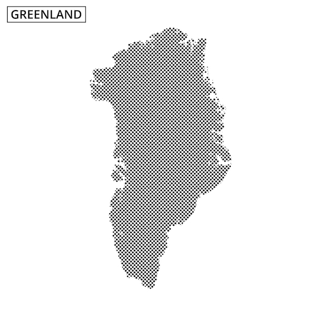 Contorno único de mapa punteado de Groenlandia que muestra características geográficas y contornos