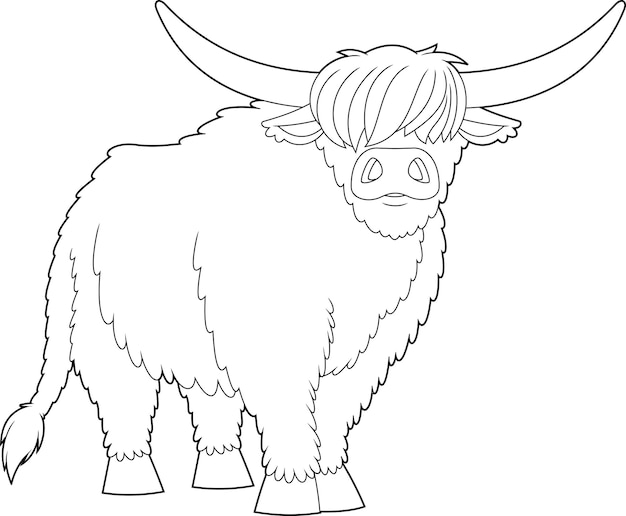 Contorno de la vaca de las tierras altas Animales de dibujos animados Personaje Vector Ilustración dibujada a mano