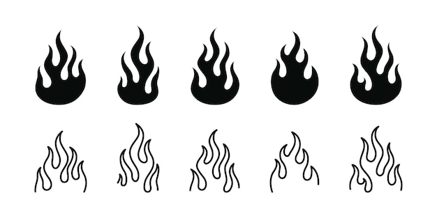 Contorno de vector de llama e íconos de fuego plano configurados Gráficos de fuego en contorno y llenados