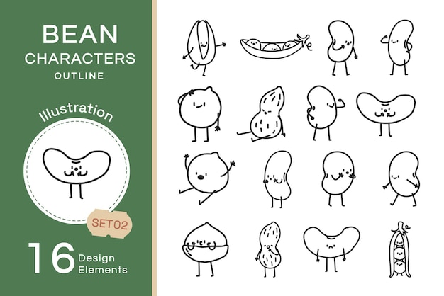 El contorno vectorial de los caracteres de los frijoles set2.