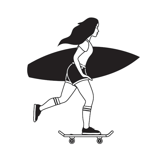 Contorno vectorial niña mujer montando un patín con surf