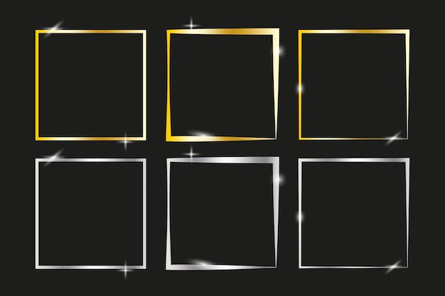 Los contornos cuadrados dorados los bordes plateados brillantes los marcos metálicos elegantes los bordes brillantes del vector