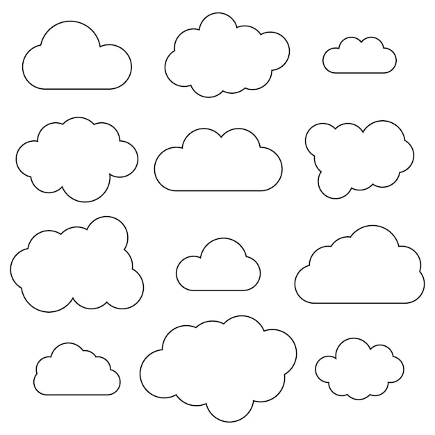 Contornos de nubes en estilo de arte de línea Conjunto de marco de línea simple Imagen de stock de ilustración vectorial