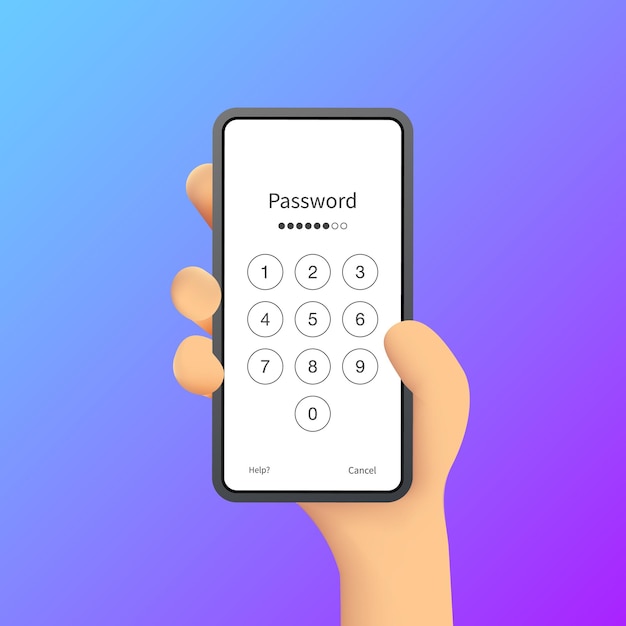 contraseña en la pantalla del teléfono teléfono de color plano en la pantalla de la mano contraseña pantalla del teléfono código PIN ilustración vectorial