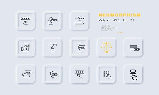 Contraseñas de protección establecer icono Sistema de seguridad notificación hogar portátil sobre bloqueo teléfono banco tarjeta protegida carpeta escudo clave entrar Concepto de privacidad Neomorfismo estilo Vector línea icono