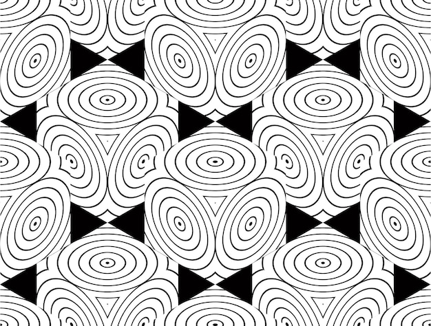 Contraste el patrón simétrico sin costuras en blanco y negro con figuras circulares entrelazadas. Composición geométrica continua, para uso en diseño gráfico.