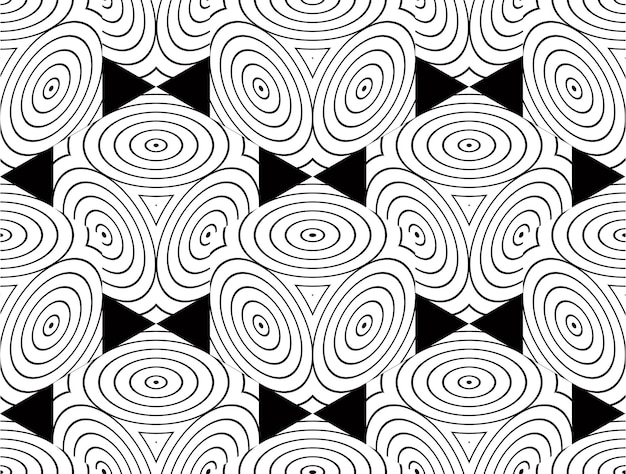 Contraste el patrón simétrico sin costuras en blanco y negro con figuras circulares entrelazadas. Composición geométrica continua, para uso en diseño gráfico.