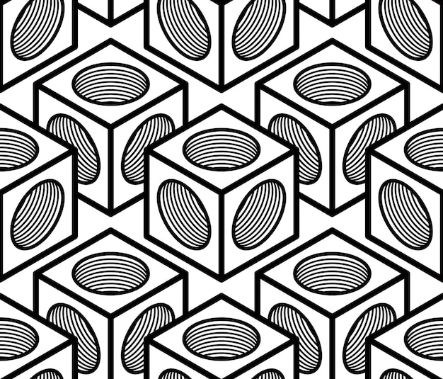 Contraste el patrón simétrico sin costuras en blanco y negro con figuras entrelazadas. Composición geométrica continua, para uso en diseño gráfico.