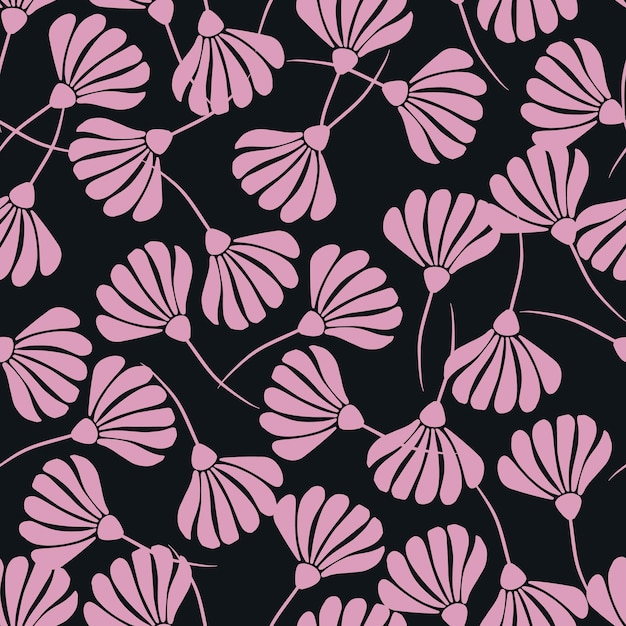 Contraste de patrones sin fisuras al azar con adornos de siluetas de flores rosadas.