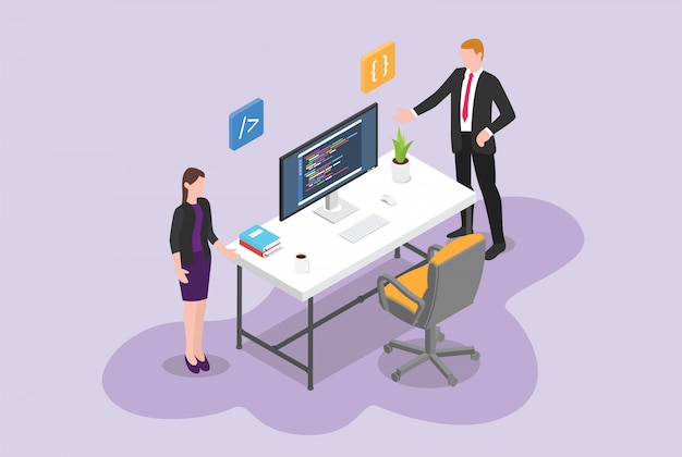 Contrate el concepto de vacante de programador o desarrollador de software con el programa de silla vacía con isométrico