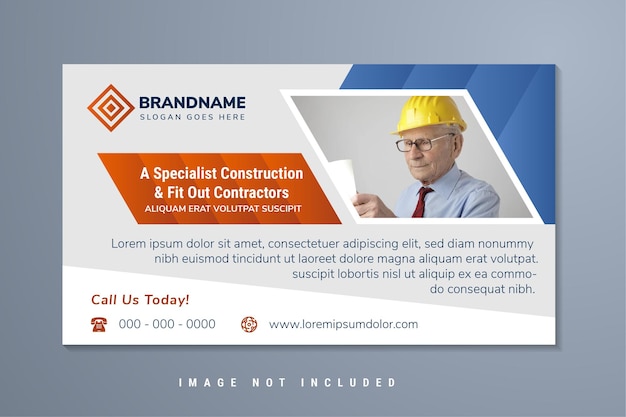 Vector un contratista especializado en construcción y equipamiento del título de header y banner design horizontal