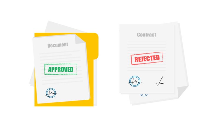 Vector contrato aprobado o rechazado. documento con precinto. ilustración vectorial plana