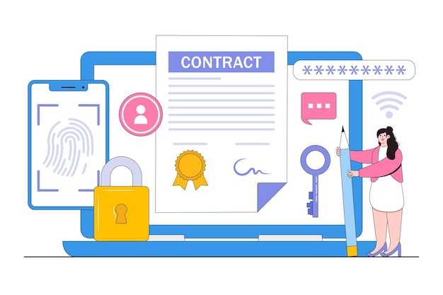 Contrato inteligente plano con el concepto de personajes de personas Estilo de diseño de esquema ilustración vectorial mínima para la página de inicio banner web infografías imágenes de héroes