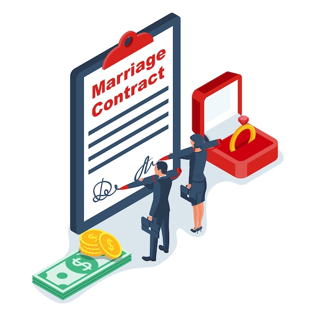 Contrato de matrimonio Un hombre y una mujer firman un contrato Acuerdo sobre relaciones matrimoniales Vector