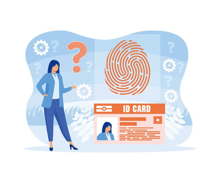 Vector control de acceso de identificación personal y biométrico persona que utiliza la insignia de la oficina de identidad y el escáner de huellas dactilares para el acceso a la tarjeta de acceso de vector plano ilustración moderna
