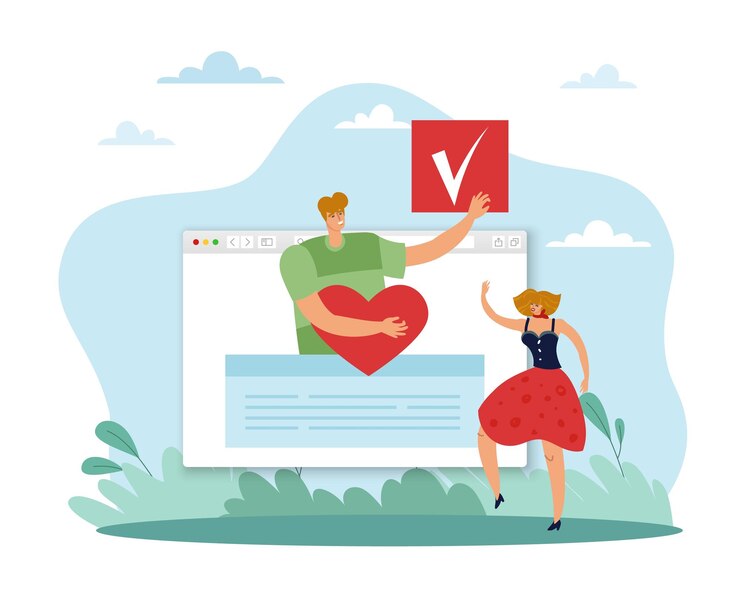 Vector control de aprobación de identidad verificado y proceso de autorización positiva navegador o página de redes sociales con señal aprobada y validación de perfil de corazón concepto plano de dibujos animados vectorial