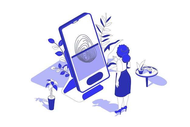 Control biométrico 3D concepto isométrico en diseño gráfico de isometría para la web Escena de personas con mujeres iniciando sesión en la cuenta en línea o desbloqueando el teléfono móvil con identidad de huella digital Ilustración vectorial