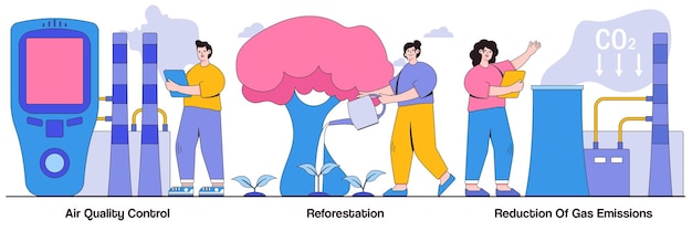 Vector control de calidad del aire reforestación reducción de emisiones de gases conceptos con personajes de personas paquete de ilustración de contención del calentamiento global mejorar la calidad de la metáfora del aire fresco y limpio