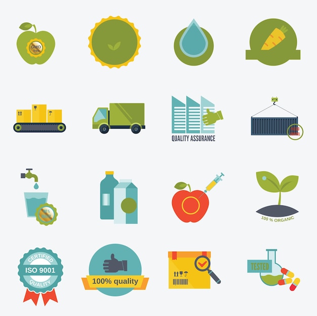 Control de calidad certificado Servicios de ensayo de calidad Íconos de conjunto plano IsoFood Iconos de calidad y producción