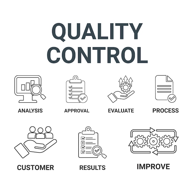 Control de calidad icono de banner web concepto de ilustración vectorial para inspecciones de calidad de productos y servicios