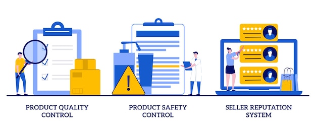 Control de calidad y seguridad del producto, concepto de sistema de reputación del vendedor con personas pequeñas