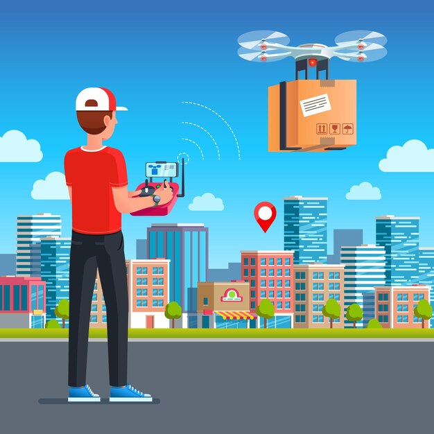 Control de drones para la entrega de paquetes urbanos logística moderna Ilustración vectorial de estilo plano moderno