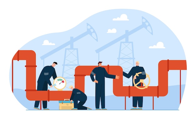 Control de fugas en oleoductos y gasoductos por equipo de trabajadores. Personas que realizan pruebas y mantenimiento de fugas de tuberías con ilustración de vector plano de equipo. Inspección de tuberías de servicio, concepto de industria energética