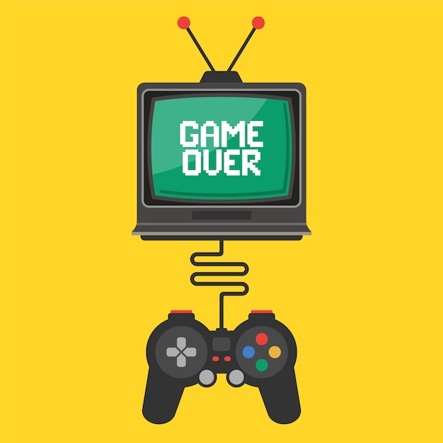 control de joystick en un videojuego en un televisor antiguo. juego de inscripción en la pantalla. ilustración vectorial plana