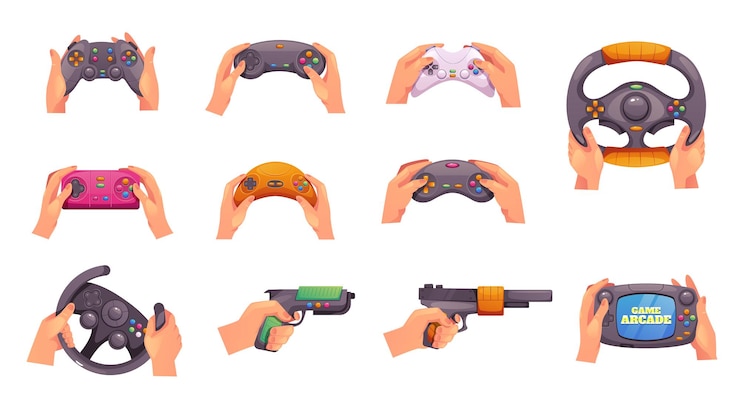 Vector control de juego gamepad mano brazo sosteniendo consola conjunto aislado elemento de diseño gráfico plano