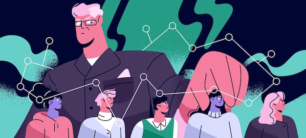 Control de manipulación y concepto de autoridad Gobierno maestro que manipula a las personas que influyen en las mentes que manejan las masas Líder que domina Dependencia y presión Ilustración vectorial plana