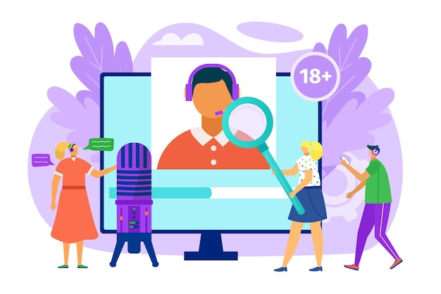 Control de medios en la pantalla de la computadora concepto vector ilustración hombre mujer personas verificación de carácter