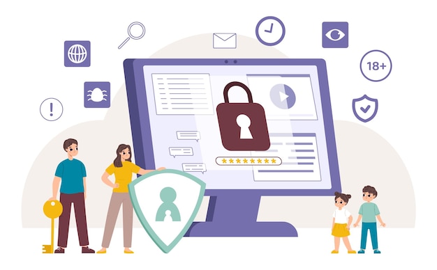 Control parental de Internet Los padres bloquean computadoras y sitios peligrosos Contenido inapropiado para niños bloquea información censurada prohibida concepto de vector cómodo