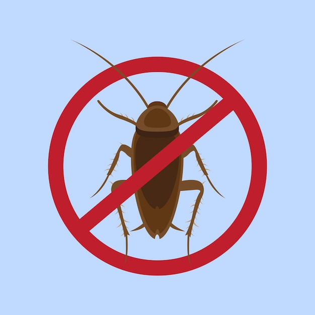 Control de plagas contra cucarachas Signo de detención de insectos Silueta de cucaracha en círculo de prohibición rojo