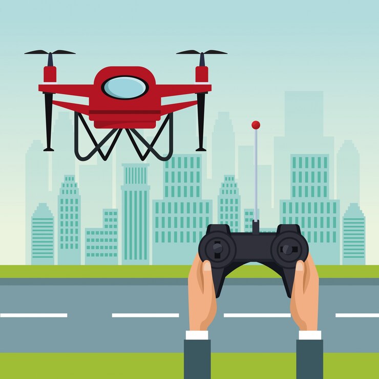 Vector control remoto con drone rojo con dos hélices volando