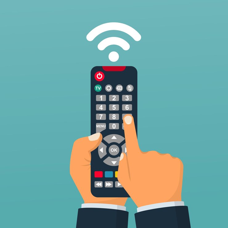 Vector control remoto sosteniendo en la mano presione el botón remoto ilustración vectorial diseño plano aislado sobre fondo blanco viendo la televisión haga clic en el botón