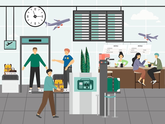 Control de seguridad aeroportuaria y concepto de aduanas ilustración vectorial. El personal de seguridad revisa el equipaje de los pasajeros y de rayos X. La gente viaja en avión. Puesto de control de seguridad del aeropuerto.