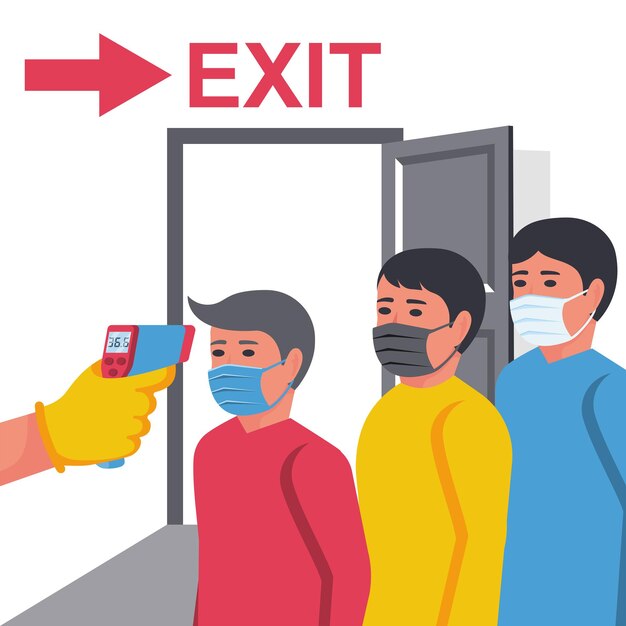 Control de temperatura a la salida. Precauciones fronterizas. El médico en hazmat sostiene un termómetro sin contacto. Prevención contra el coronavirus. Control epidemia 2019-ncov. Diseño plano vectorial. Persona en control. Máscara en la cara.