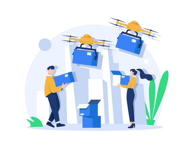 El control del transportador de drones voladores de la caja de paquetes por parte del repartidorServicio de entrega en línea