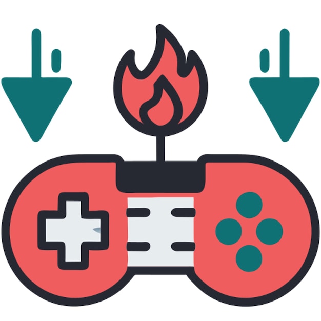 un controlador de juego con icono de botón de fuego con contorno de colores