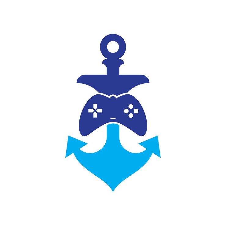Vector controlador de juegos y plantilla de logotipo de anclaje. logotipo de joystick y ancla. icono de joystick y ancla.