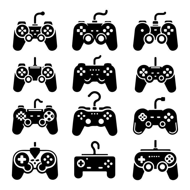 Vector un controlador de videojuego en blanco y negro con un fondo blanco