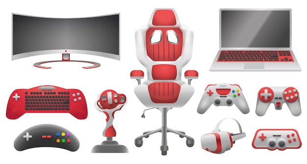 Controladores de joystick, gadget y accesorio para videojuegos. Gafas de realidad virtual, monitor, computadora portátil, silla de juego y conjunto de vectores de controlador. Ilustración de gamepad de video, joystick para juegos