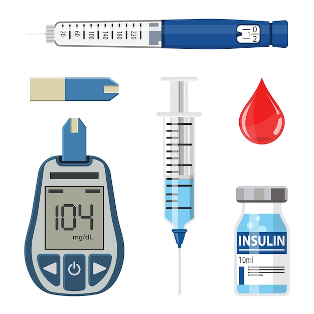 Controle su concepto de diabetes. conjunto de iconos con medidor de glucosa en sangre, jeringa de pluma de insulina. aislado