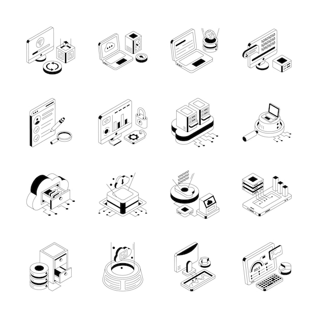 Conveniente paquete de datos analíticos isométricos iconos de contorno listo para el uso premium