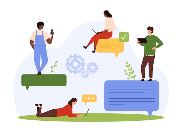 Conversación de chat en las redes sociales personas pequeñas sentadas y de pie en la burbuja de voz de texto
