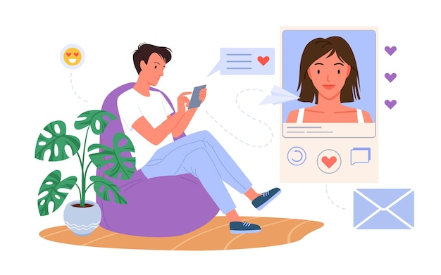 Conversación de citas románticas en la ilustración de vector de redes sociales. Carácter de hombre joven amante de dibujos animados sosteniendo el teléfono, usando la aplicación de chat en línea para enviar un mensaje de amor, corazón a una hermosa niña aislada en blanco