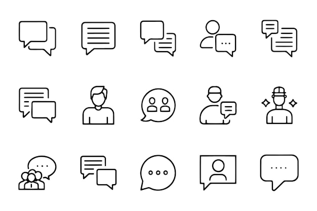 Conversación relacionada Minimalista Línea Negra 15pcs iconos establecidos aislados en fondo blanco